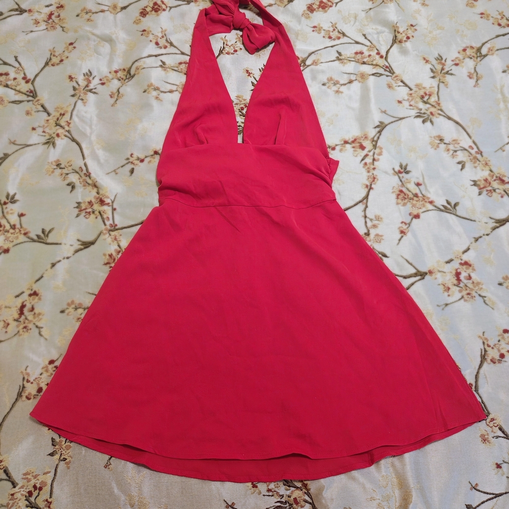 Cherry Red Halter Dress Deep V Bow Tie Mini